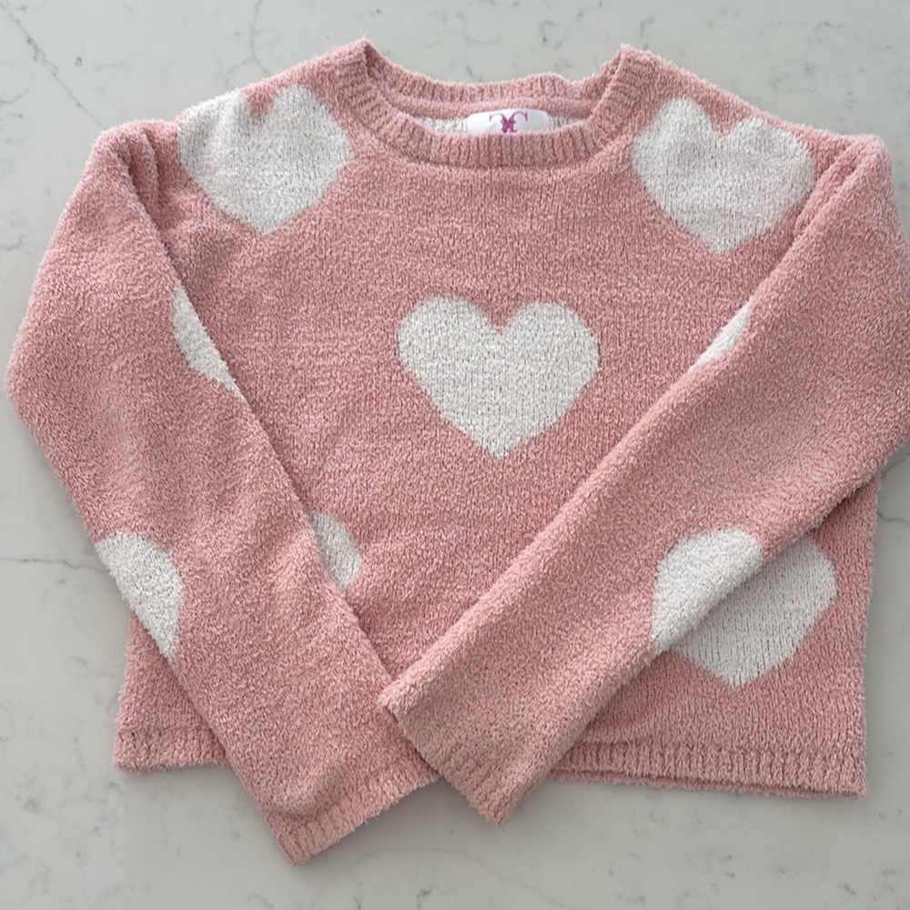 Girls pink and white heart fuzzy sweater